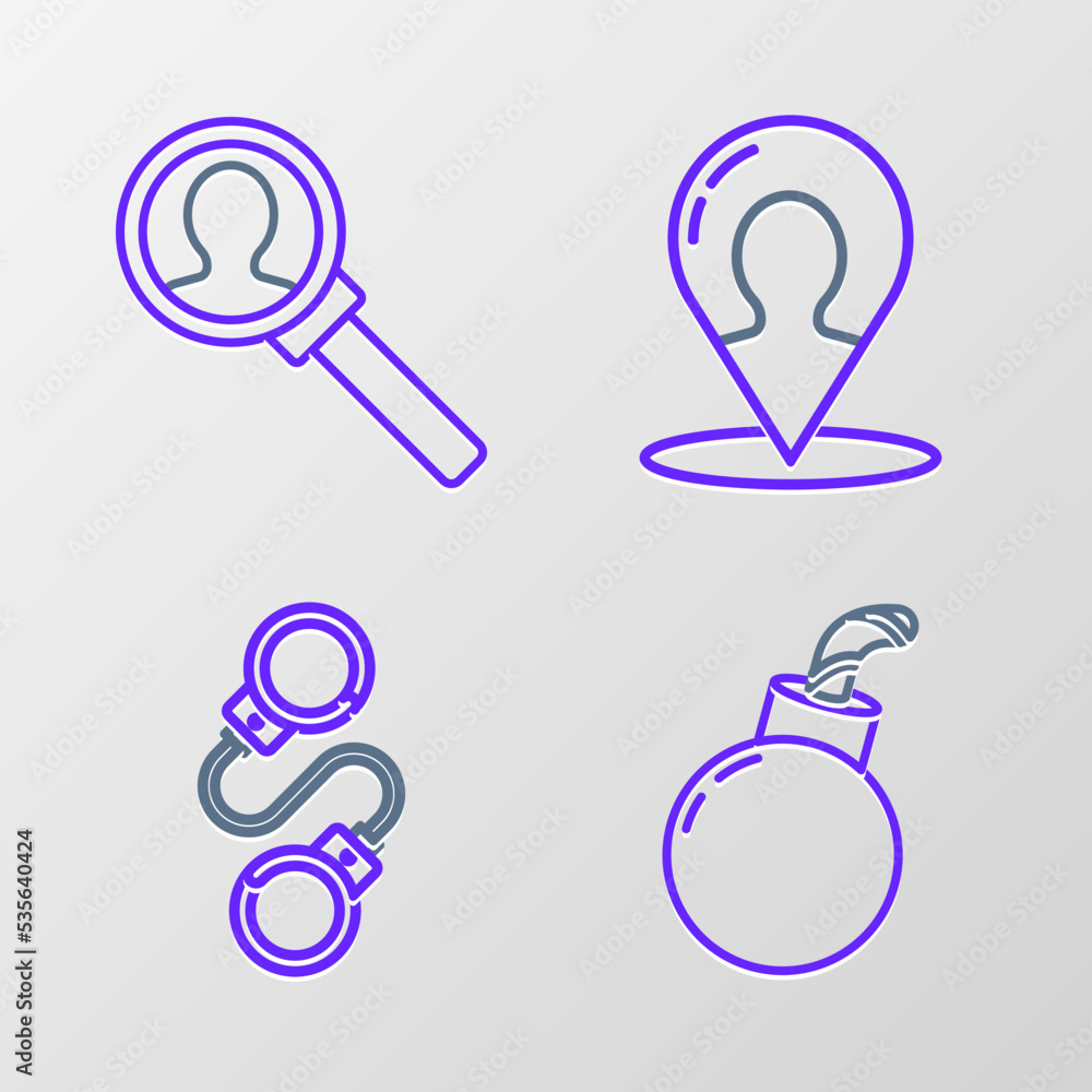 Set line Bomb ready to explode, Handcuffs, Map marker with silhouette of person and Magnifying glass for search icon. Vector Set line Bomb ready to explode, Handcuffs, Map marker with silhouette of person and Magnifying glass for search icon. Vector