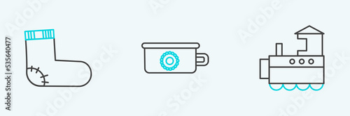 Set line Toy train, Baby socks clothes and potty icon. Vector