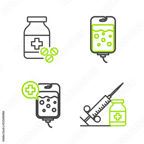 Set line Medical syringe with needle and vial or ampoule, IV bag, and Medicine bottle pills icon. Vector