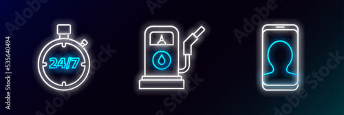 Set line Taxi call telephone service, Stopwatch 24 hours and Petrol or Gas station icon. Glowing neon. Vector