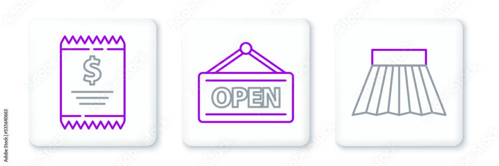 Set line Skirt, Paper check and financial check and Hanging sign with Open icon. Vector Set line Skirt, Paper check and financial check and Hanging sign with Open icon. Vector
