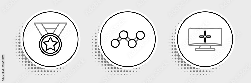 Set line Computer monitor, Medal and Share icon. Vector Set line Computer monitor, Medal and Share icon. Vector