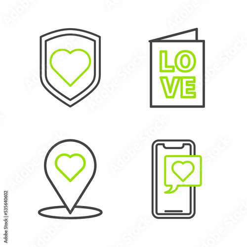 Set line Smartphone with heart speech bubble, Map pointer, Valentines day party flyer and Heart shield icon. Vector
