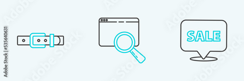 Set line Hanging sign with Sale, Leather belt and Search browser window icon. Vector