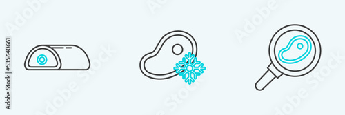 Set line Steak meat in frying pan, Meat and Fresh frozen steak icon. Vector