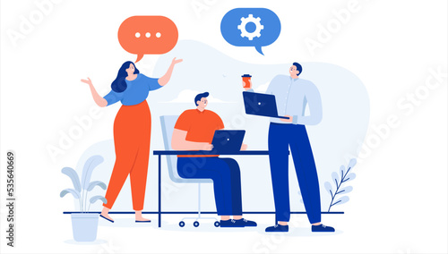 Team discussion - Business people in office talking communicating and discussing work project. Flat design cartoon illustration with white background