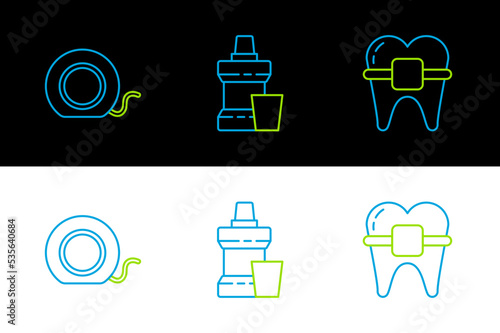 Set line Teeth with braces, Dental floss and Mouthwash plastic bottle icon. Vector