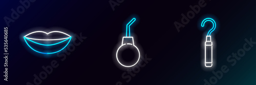 Set line Dental explorer scaler for teeth, Smiling lips and Enema pear icon. Glowing neon. Vector