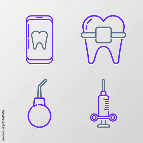 Set line Dental medical syringe  Enema pear  Teeth with braces and Online dental care icon. Vector