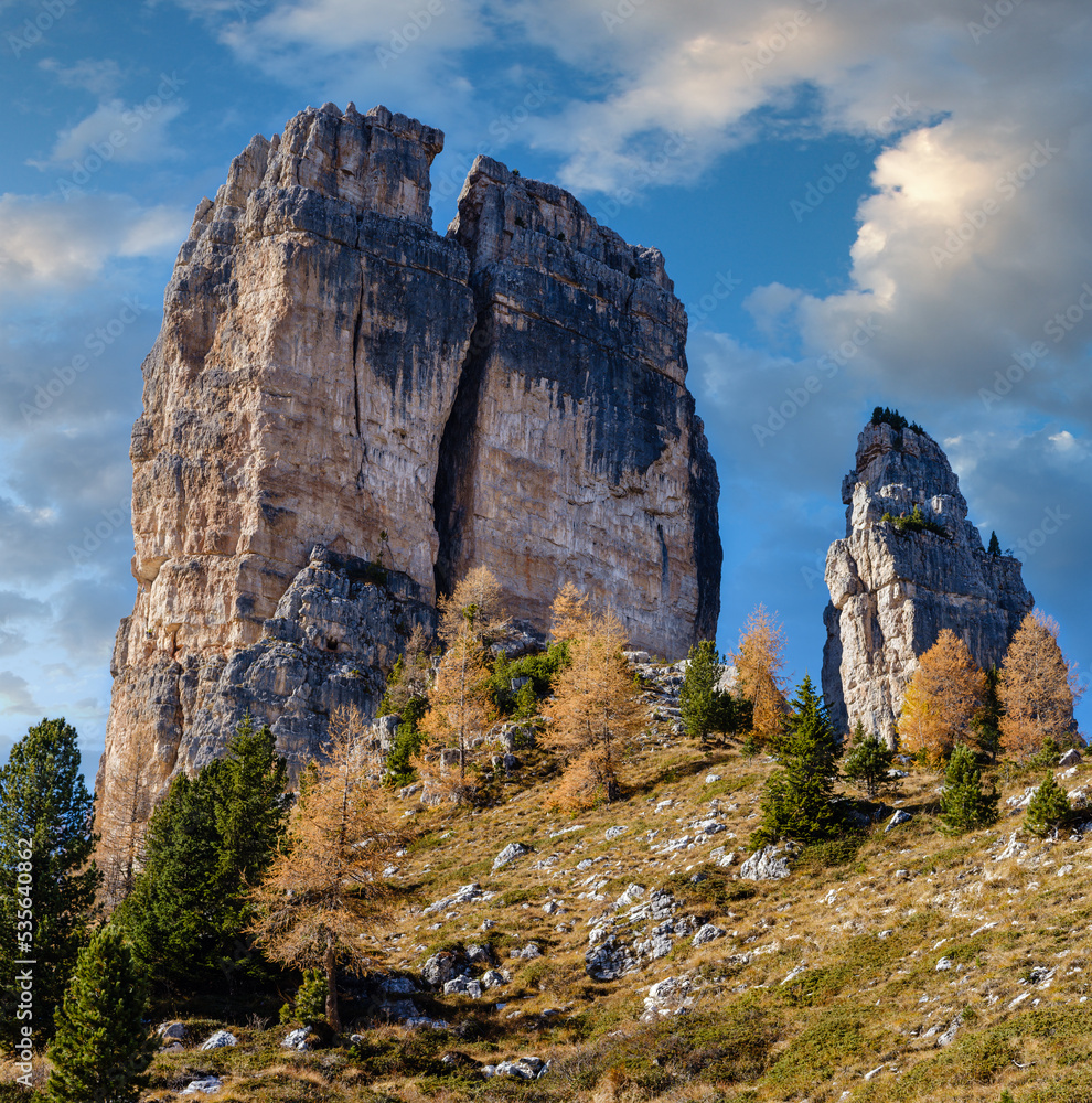Autumn Dolomites mountain scene, Sudtirol, Italy. Cinque Torri (Five towers) rock formation.