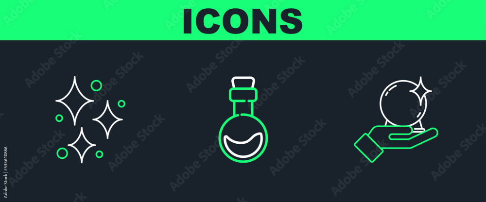 Set line Magic ball on hand, Sparkle stars with magical glitter and Bottle love potion icon. Vector Set line Magic ball on hand, Sparkle stars with magical glitter and Bottle love potion icon. Vector