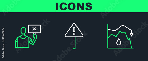 Set line Drop in crude oil price, Nature saving protest and Exclamation mark triangle icon. Vector