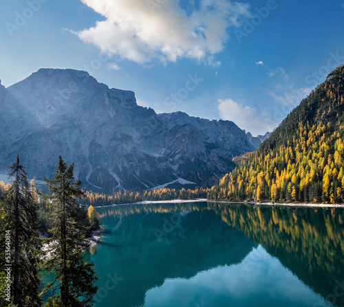 Autumn peaceful alpine lake Braies or Pragser Wildsee. Fanes-Sennes-Prags national park, South Tyrol, Dolomites Alps, Italy, Europe.