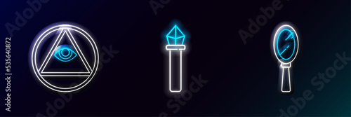 Set line Magic hand mirror, Masons and staff icon. Glowing neon. Vector