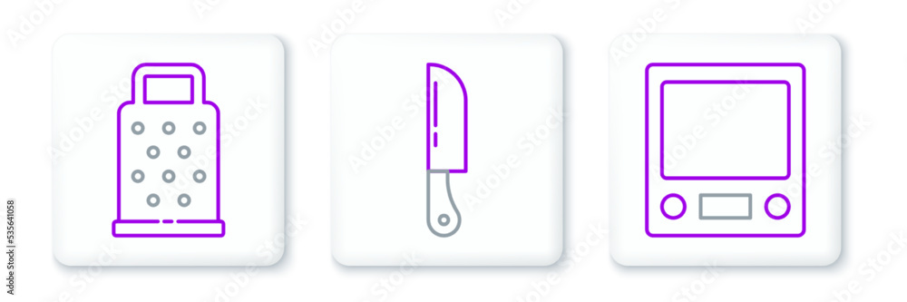 Set line Electronic scales, Grater and Knife icon. Vector Set line Electronic scales, Grater and Knife icon. Vector