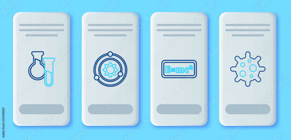 Set line Solar system, Equation solution, Test tube and flask and Virus icon. Vector Set line Solar system, Equation solution, Test tube and flask and Virus icon. Vector