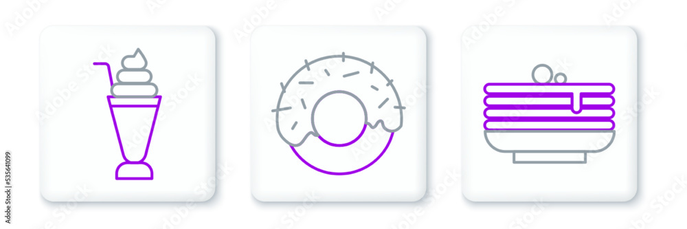 Set line Stack of pancakes, Milkshake and Donut icon. Vector Set line Stack of pancakes, Milkshake and Donut icon. Vector