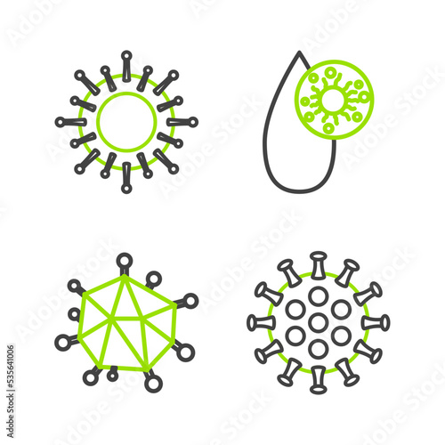 Set line Virus, Blood test and virus and icon. Vector