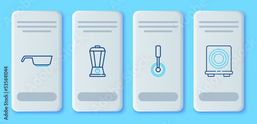 Set line Blender, Pizza knife, Frying pan and Electric stove icon. Vector