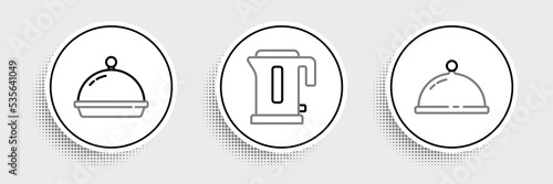 Set line Covered with tray of food, and Electric kettle icon. Vector