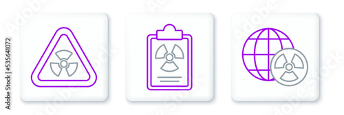 Set line Planet earth and radiation, Triangle with and Radiation warning document icon. Vector