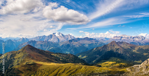 Fototapeta Naklejka Na Ścianę i Meble -  Wonderful landscape of  the Dolomites Alps. Amazing view of Marmolada mountain. Location: South Tyrol, Dolomites, Italy. Travel in nature. Artistic picture. Beauty world.