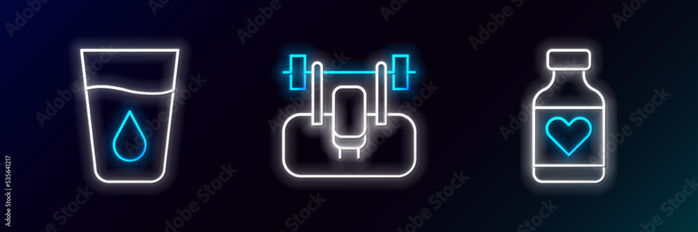 Set line Vitamin pill, Glass with water and Bench barbel icon. Glowing neon. Vector Set line Vitamin pill, Glass with water and Bench barbel icon. Glowing neon. Vector