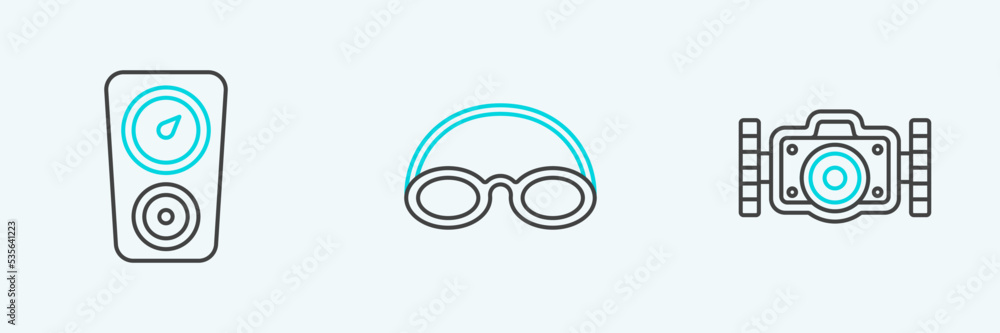 Set line Photo camera, Gauge scale and Glasses and cap icon. Vector Set line Photo camera, Gauge scale and Glasses and cap icon. Vector