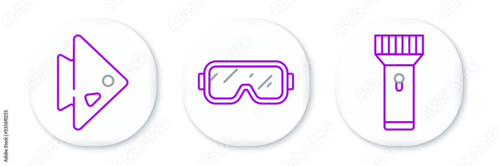 Set line Flashlight, Fish and Diving mask icon. Vector Set line Flashlight, Fish and Diving mask icon. Vector