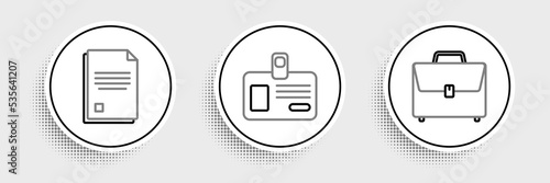 Set line Briefcase, File document and Identification badge icon. Vector