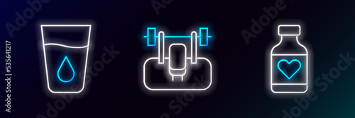 Set line Vitamin pill, Glass with water and Bench barbel icon. Glowing neon. Vector