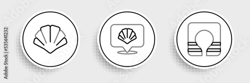 Set line Life jacket, Scallop sea shell and icon. Vector