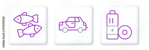 Set line Battery, Dead fish and Car icon. Vector