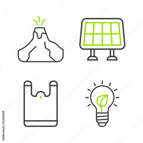 Set line Light bulb with leaf, Plastic bag, Solar energy panel and Volcano eruption lava icon. Vector