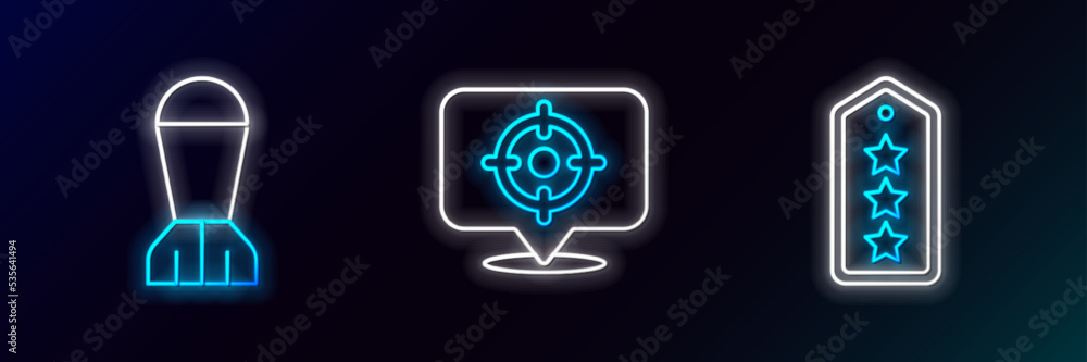 Set line Military rank, Aviation bomb and Target sport icon. Glowing neon. Vector Set line Military rank, Aviation bomb and Target sport icon. Glowing neon. Vector