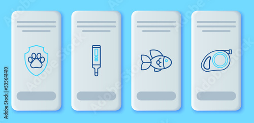 Set line Medical digital thermometer, Fish, Animal health insurance and Retractable cord leash with carabiner icon. Vector