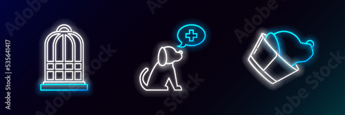 Set line Veterinary clinic symbol, Cage for birds and icon. Glowing neon. Vector