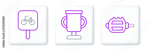 Set line Bicycle pedal, parking and Award cup with bicycle icon. Vector