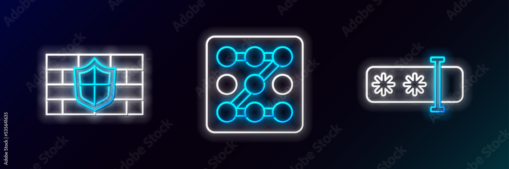 Set line Password protection, Shield with brick wall and Graphic password icon. Glowing neon. Vector Set line Password protection, Shield with brick wall and Graphic password icon. Glowing neon. Vector