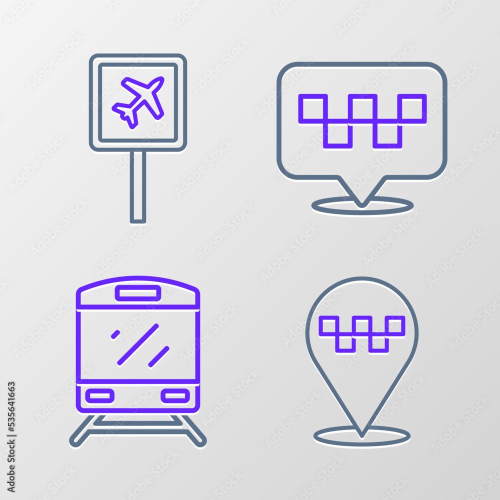 Set line Location with taxi, Train, and Airport icon. Vector Set line Location with taxi, Train, and Airport icon. Vector