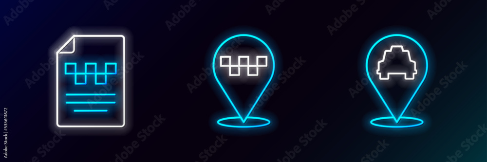 Set line Location with taxi, Taxi driver license and icon. Glowing neon. Vector Set line Location with taxi, Taxi driver license and icon. Glowing neon. Vector
