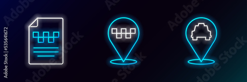 Set line Location with taxi, Taxi driver license and icon. Glowing neon. Vector