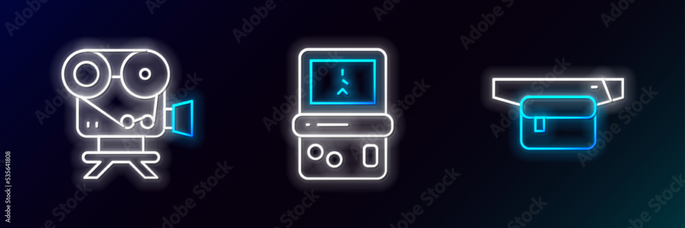 Set line Waist bag of banana, Retro cinema camera and Tetris icon. Glowing neon. Vector Set line Waist bag of banana, Retro cinema camera and Tetris icon. Glowing neon. Vector