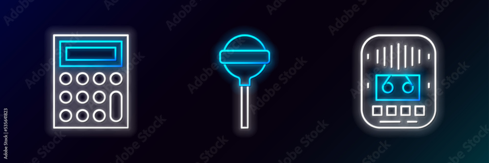 Set line Cassette tape player, Calculator and Lollipop icon. Glowing neon. Vector Set line Cassette tape player, Calculator and Lollipop icon. Glowing neon. Vector