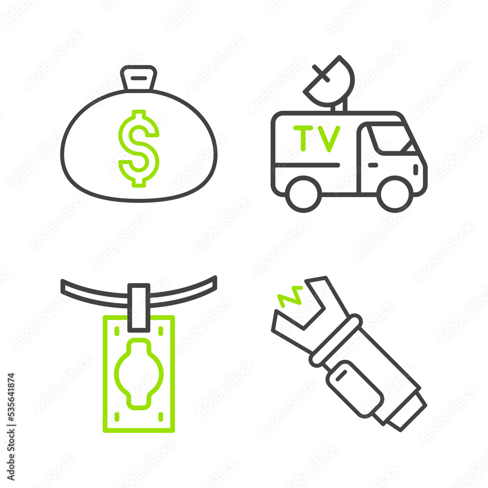 Set line Police electric shocker, Money laundering, TV News car and bag icon. Vector