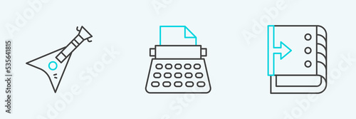 Set line Sound mixer controller, Electric bass guitar and Retro typewriter icon. Vector