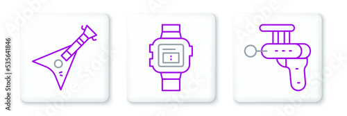 Set line Ray gun, Electric bass guitar and Wrist watch icon. Vector