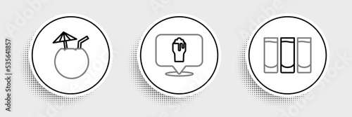 Set line Shot glass, Coconut cocktail and Alcohol or beer bar location icon. Vector