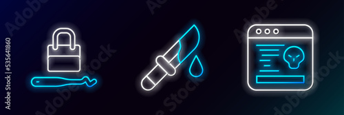 Set line System bug, Lock picks for lock picking and Bloody knife icon. Glowing neon. Vector