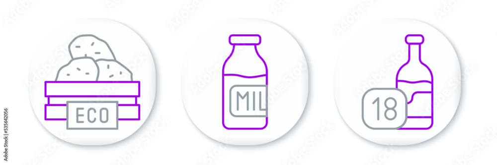 Set line Wine bottle, Wooden box for fruits and Bottle with milk icon. Vector Set line Wine bottle, Wooden box for fruits and Bottle with milk icon. Vector